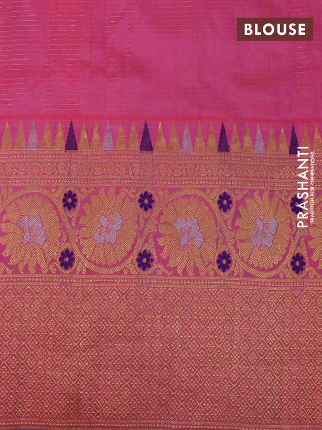 Gadwal silk saree pink and dual shade of pinkish orange with allover stripes & zari buttas and long temple design floral zari woven border