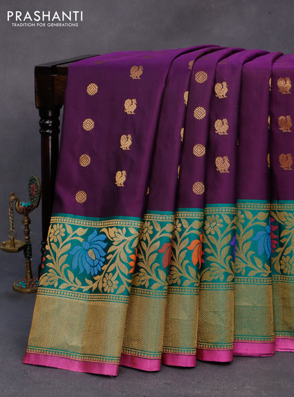 Gadwal silk saree deep violet and green with zari woven buttas and long thread & zari woven border