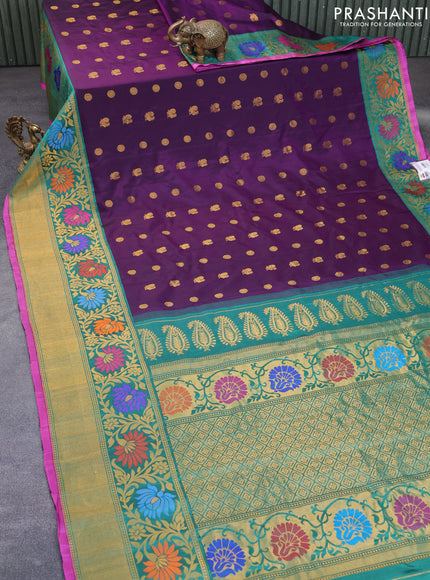 Gadwal silk saree deep violet and green with zari woven buttas and long thread & zari woven border