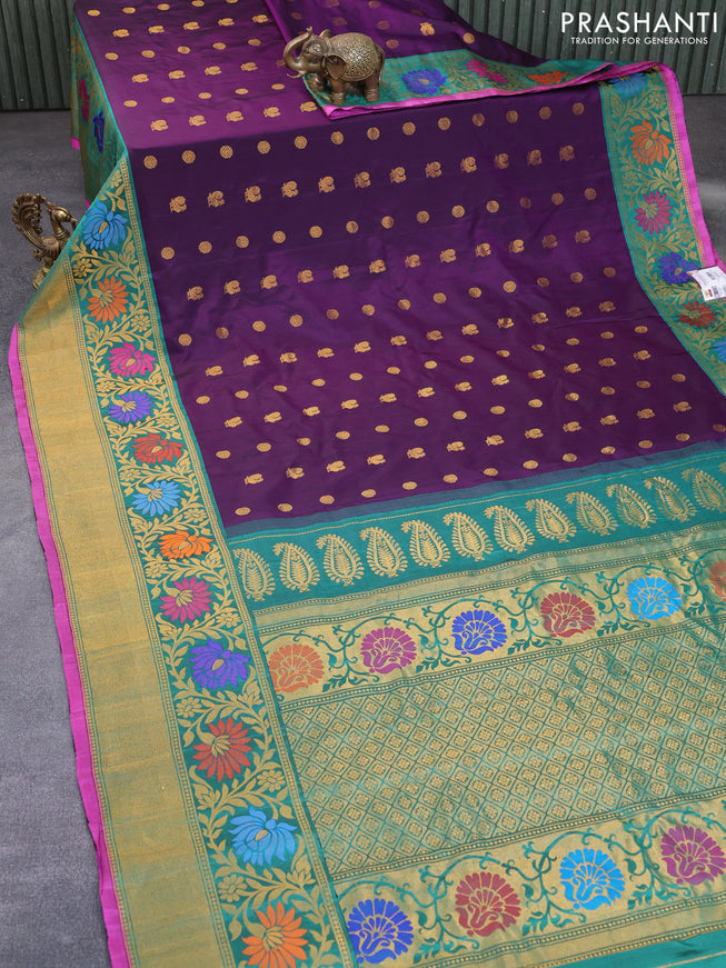 Gadwal silk saree deep violet and green with zari woven buttas and long thread & zari woven border