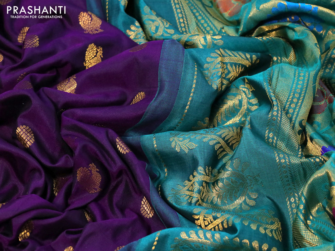 Gadwal silk saree deep violet and green with zari woven buttas and long thread & zari woven border