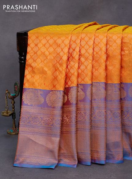 Gadwal silk saree mustard yellow and dual shade of blue with allover zari woven brocade weaves and long zari woven border