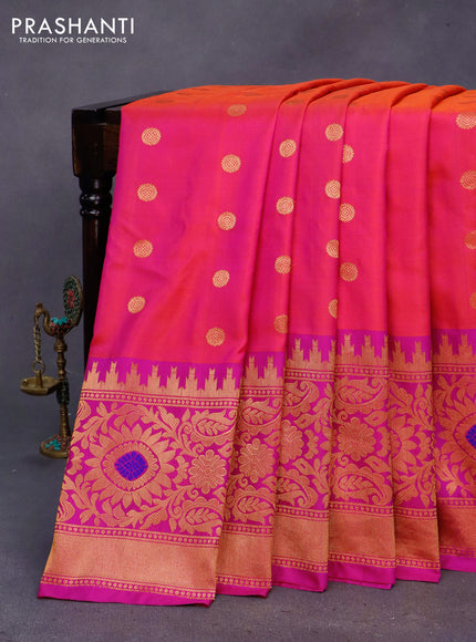 Gadwal silk saree dual shade of pinkish orange and pink with zari woven buttas and long temple design thread & zari woven border