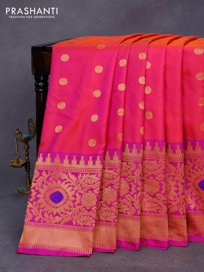 Gadwal silk saree dual shade of pinkish orange and pink with zari woven buttas and long temple design thread & zari woven border