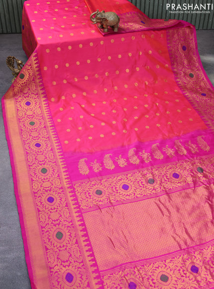 Gadwal silk saree dual shade of pinkish orange and pink with zari woven buttas and long temple design thread & zari woven border