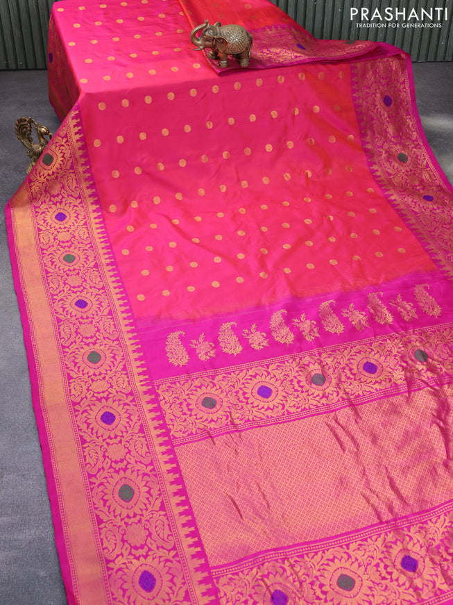 Gadwal silk saree dual shade of pinkish orange and pink with zari woven buttas and long temple design thread & zari woven border