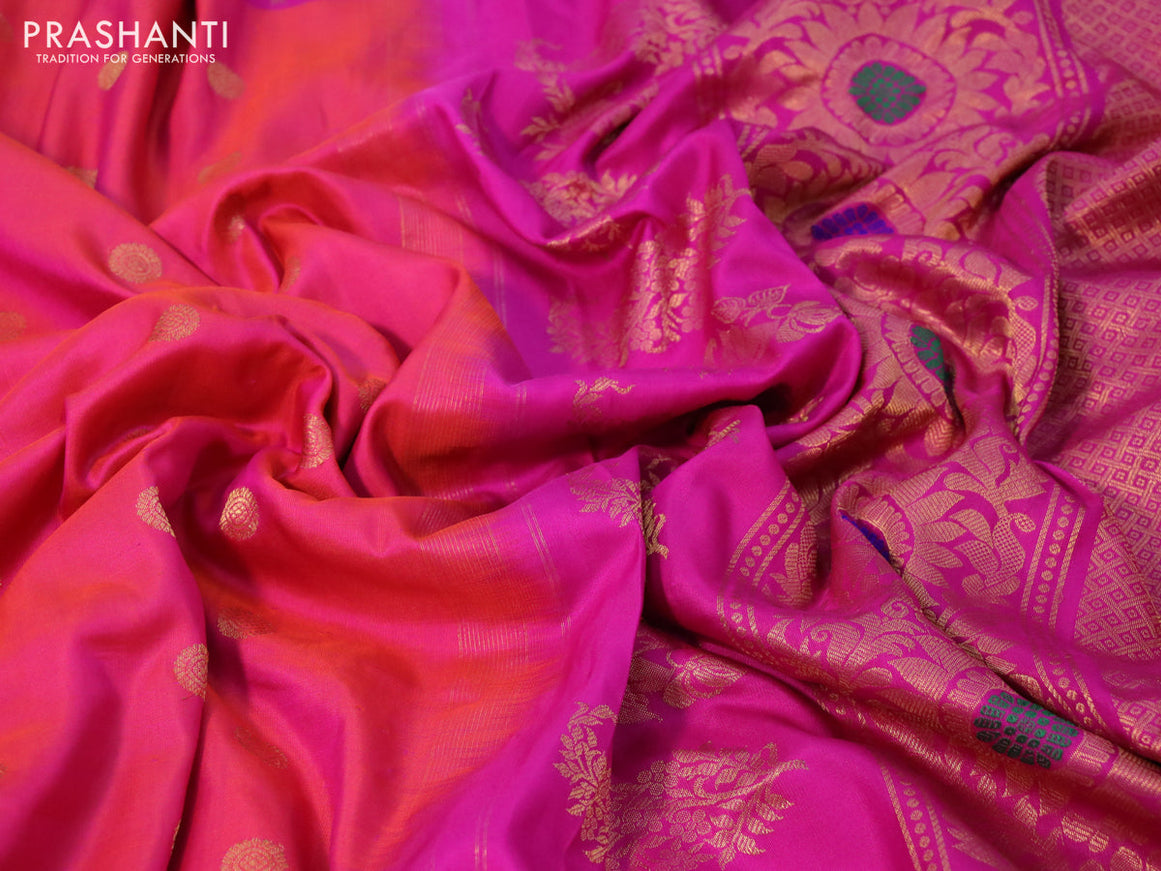 Gadwal silk saree dual shade of pinkish orange and pink with zari woven buttas and long temple design thread & zari woven border