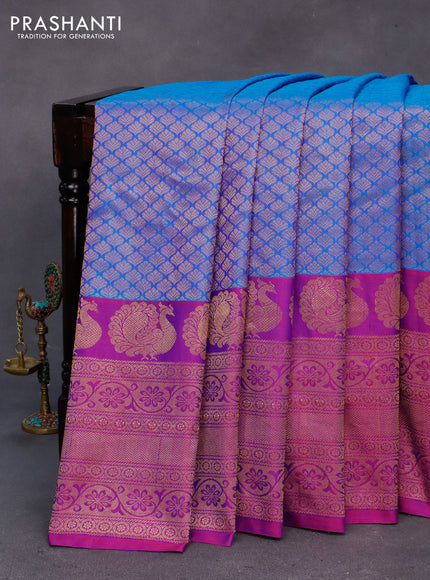 Gadwal silk saree cs blue and purple with allover zari woven brocade weaves and long zari woven border