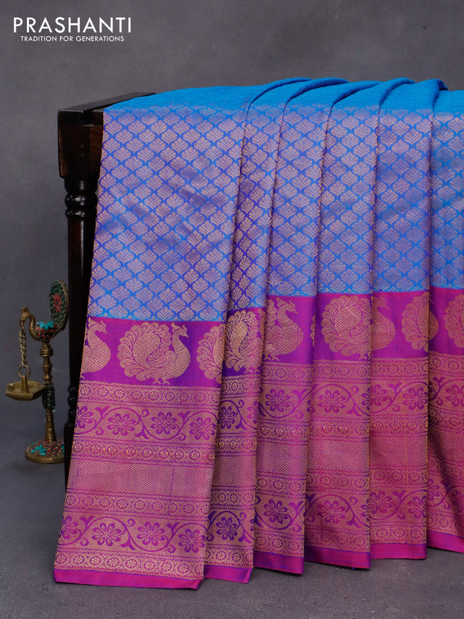 Gadwal silk saree cs blue and purple with allover zari woven brocade weaves and long zari woven border