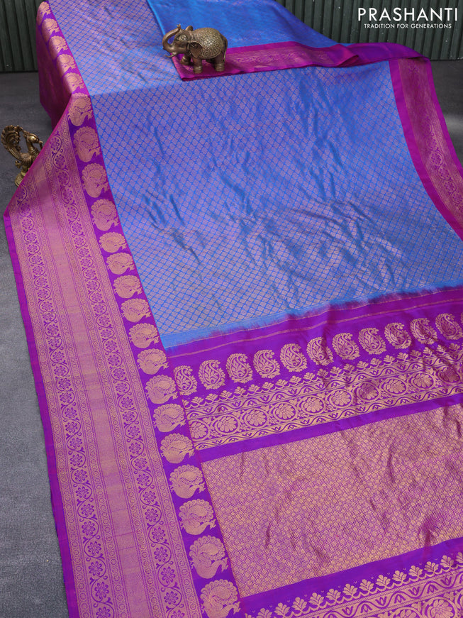 Gadwal silk saree cs blue and purple with allover zari woven brocade weaves and long zari woven border