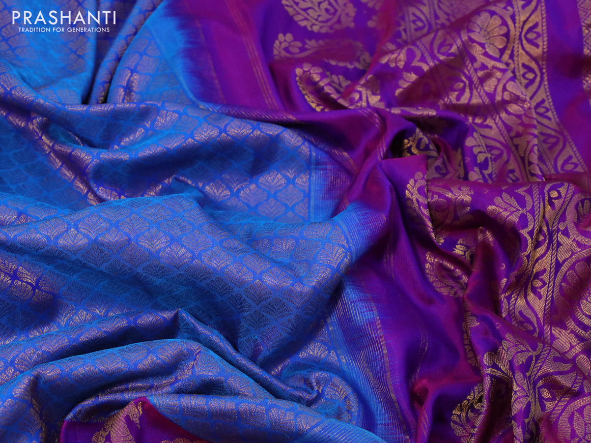 Gadwal silk saree cs blue and purple with allover zari woven brocade weaves and long zari woven border