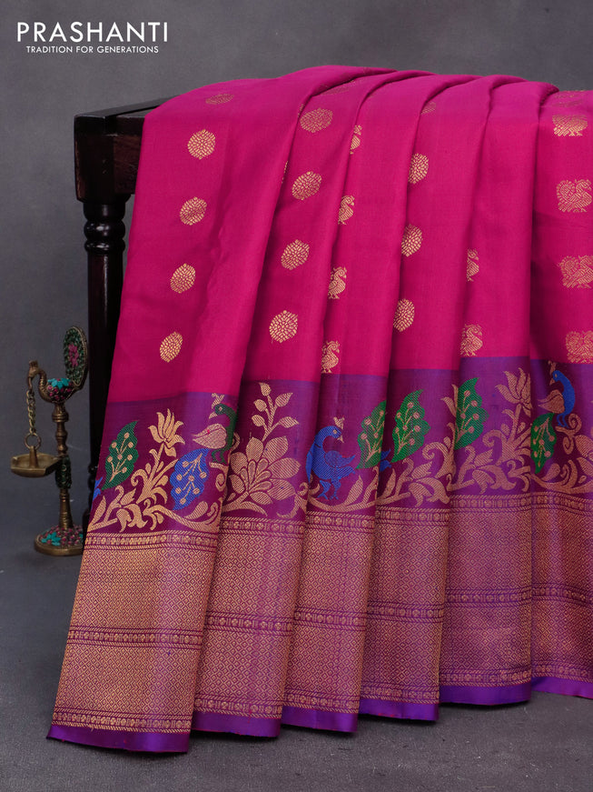 Gadwal silk saree dark pinl and dual shade of purple with zari woven buttas and long thread & zari woven border