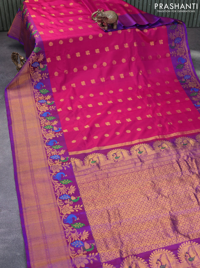 Gadwal silk saree dark pinl and dual shade of purple with zari woven buttas and long thread & zari woven border