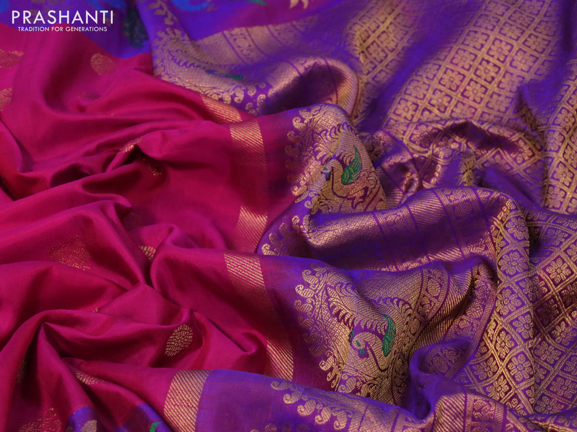 Gadwal silk saree dark pinl and dual shade of purple with zari woven buttas and long thread & zari woven border