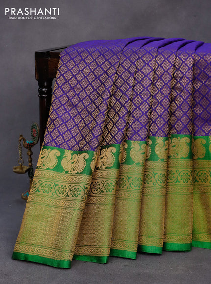 Gadwal silk saree blue and green with allover zari woven brocade weaves and long zari woven border