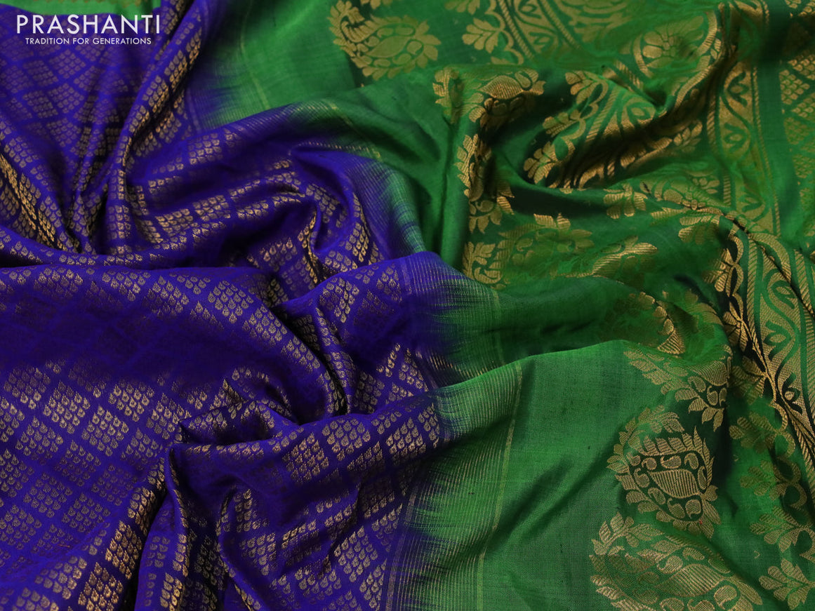 Gadwal silk saree blue and green with allover zari woven brocade weaves and long zari woven border