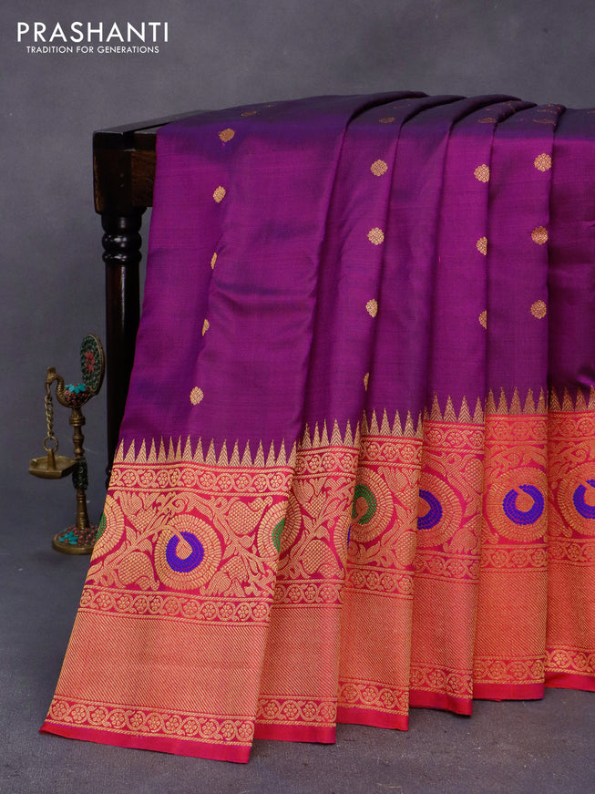 Gadwal silk saree dark magenta pink and pink with zari woven buttas and long temple design thread & zari woven border