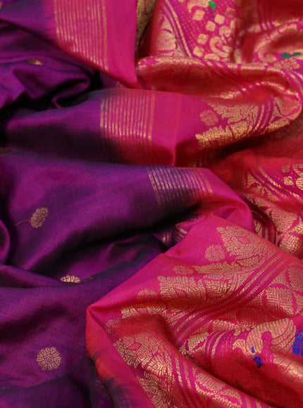 Gadwal silk saree dark magenta pink and pink with zari woven buttas and long temple design thread & zari woven border