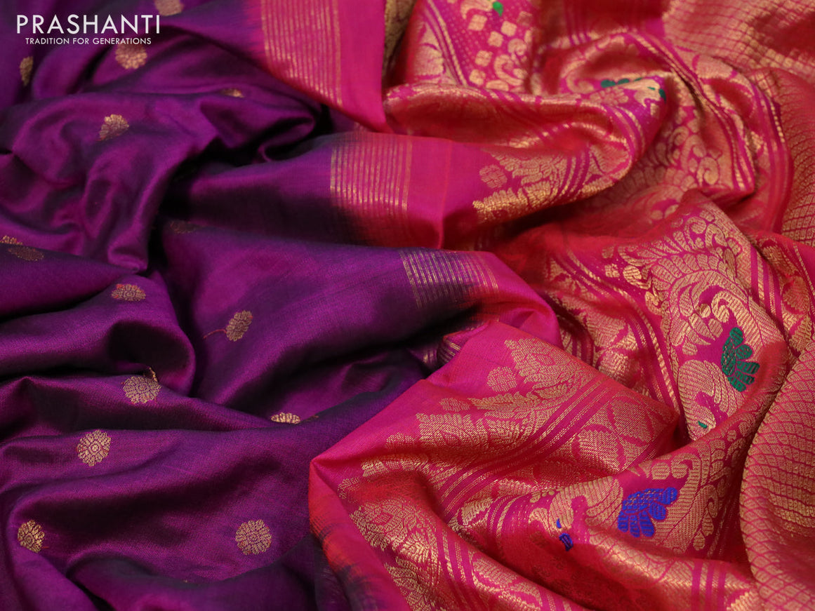 Gadwal silk saree dark magenta pink and pink with zari woven buttas and long temple design thread & zari woven border