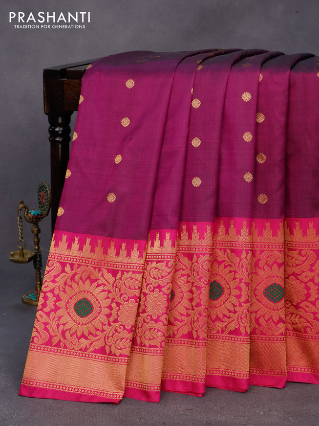 Gadwal silk saree dark magenta pink and pink with zari woven buttas and long temple design thread & zari woven border