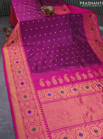 Gadwal silk saree dark magenta pink and pink with zari woven buttas and long temple design thread & zari woven border