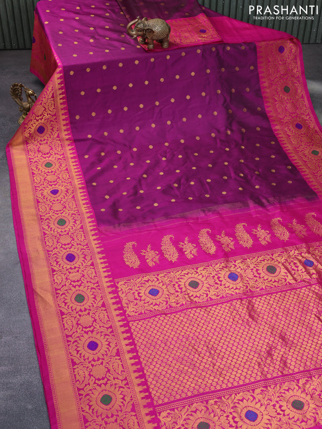 Gadwal silk saree dark magenta pink and pink with zari woven buttas and long temple design thread & zari woven border