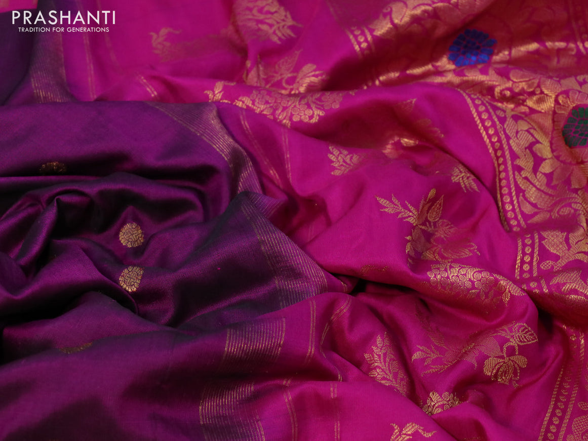 Gadwal silk saree dark magenta pink and pink with zari woven buttas and long temple design thread & zari woven border