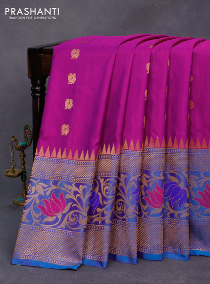 Gadwal silk saree purple and blue with zari woven buttas and long temple design thread & zari woven border