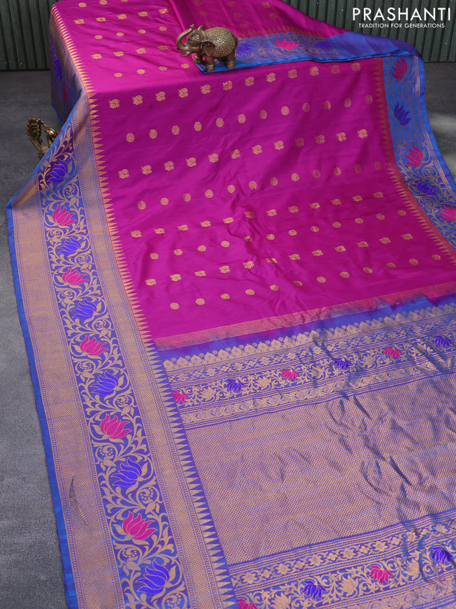 Gadwal silk saree purple and blue with zari woven buttas and long temple design thread & zari woven border