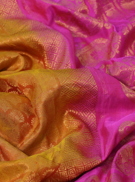 Gadwal silk saree mustard yellow and pink with allover zari woven brocade weaves and long zari woven border