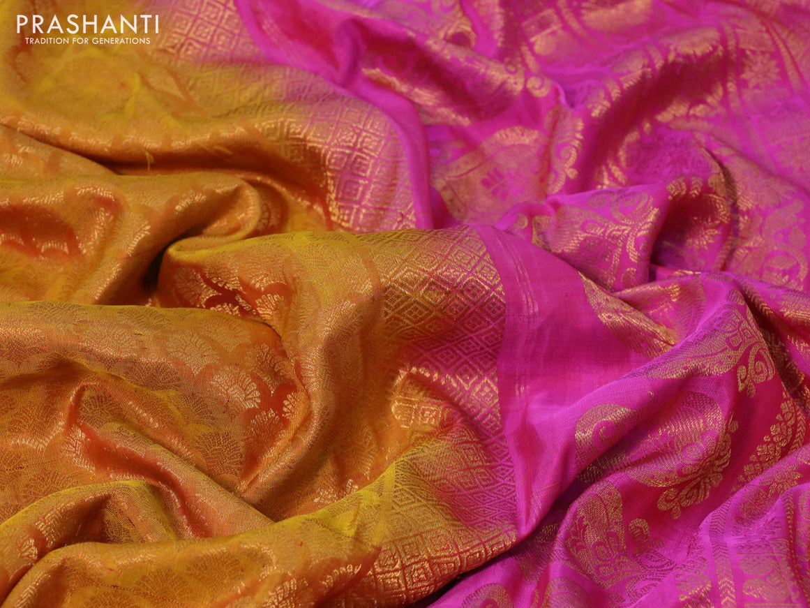 Gadwal silk saree mustard yellow and pink with allover zari woven brocade weaves and long zari woven border