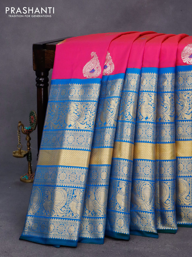 Gadwal silk saree pink and cs blue with annam zari woven buttas and long rich annam zari woven border