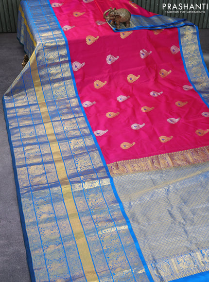 Gadwal silk saree pink and cs blue with annam zari woven buttas and long rich annam zari woven border