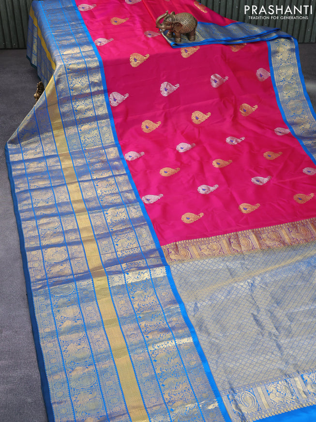 Gadwal silk saree pink and cs blue with annam zari woven buttas and long rich annam zari woven border