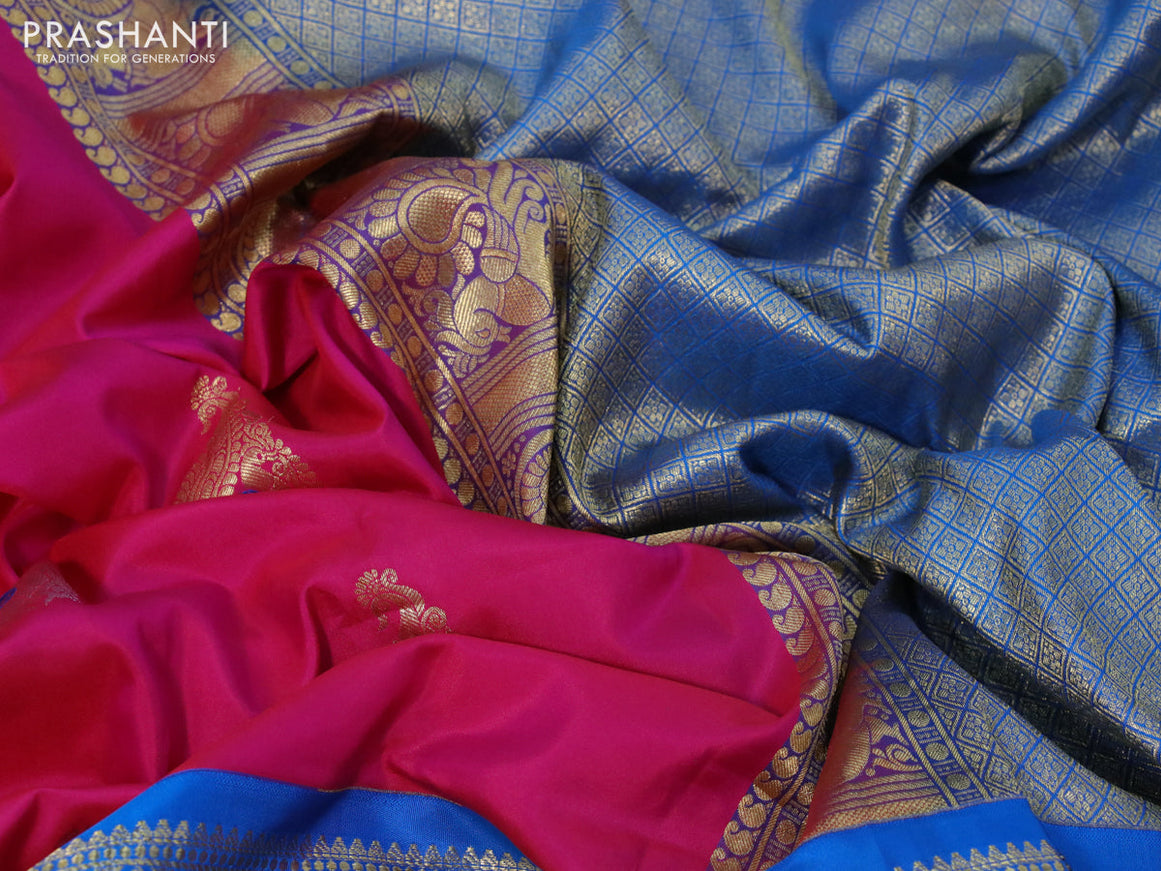 Gadwal silk saree pink and cs blue with annam zari woven buttas and long rich annam zari woven border