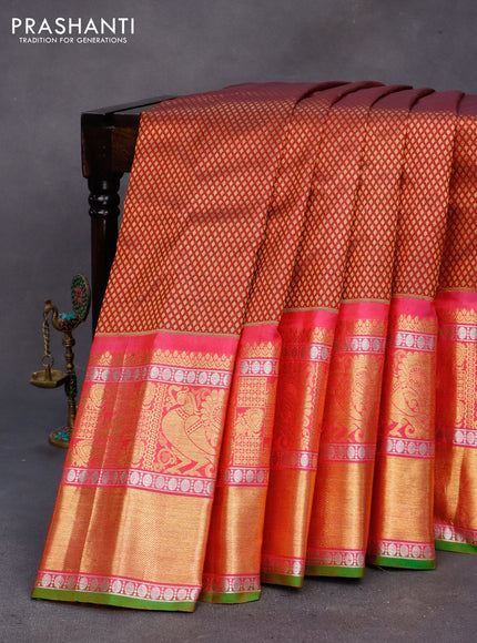 Gadwal silk saree maroon and pink with allover zari woven brocade weaves and long rich annam zari woven border