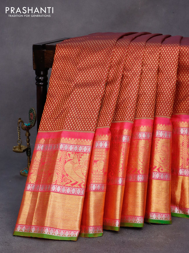 Gadwal silk saree maroon and pink with allover zari woven brocade weaves and long rich annam zari woven border