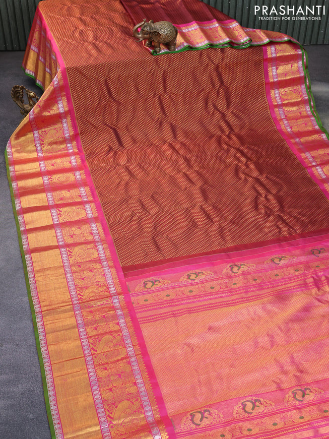 Gadwal silk saree maroon and pink with allover zari woven brocade weaves and long rich annam zari woven border