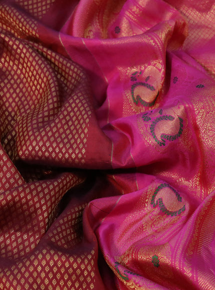 Gadwal silk saree maroon and pink with allover zari woven brocade weaves and long rich annam zari woven border