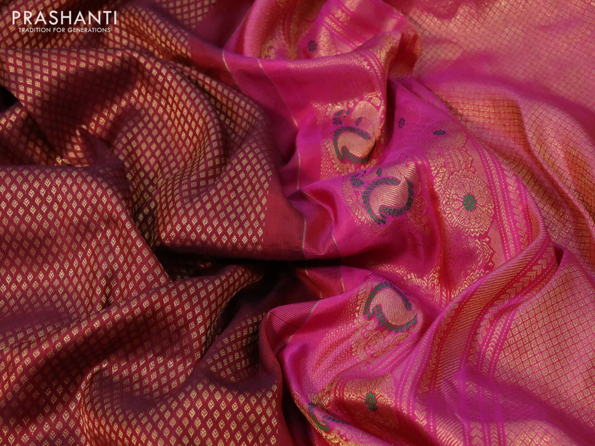 Gadwal silk saree maroon and pink with allover zari woven brocade weaves and long rich annam zari woven border