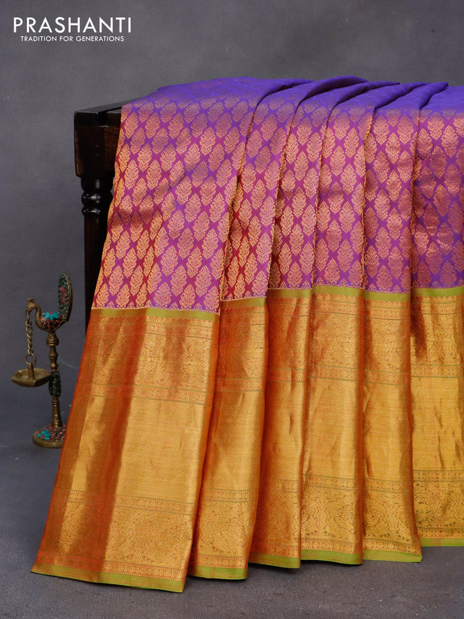 Gadwal silk saree dual shade of purple and dual shade of green with zari woven brocade weaves and long zari woven border