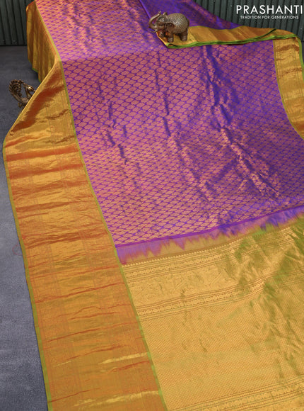 Gadwal silk saree dual shade of purple and dual shade of green with zari woven brocade weaves and long zari woven border