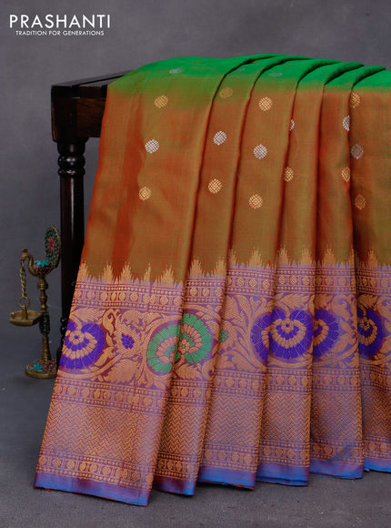 Gadwal silk saree manthulir green and dual shade of blue with silver & copper zari woven buttas and long thread & zari woven border