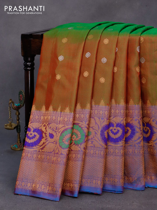 Gadwal silk saree manthulir green and dual shade of blue with silver & copper zari woven buttas and long thread & zari woven border