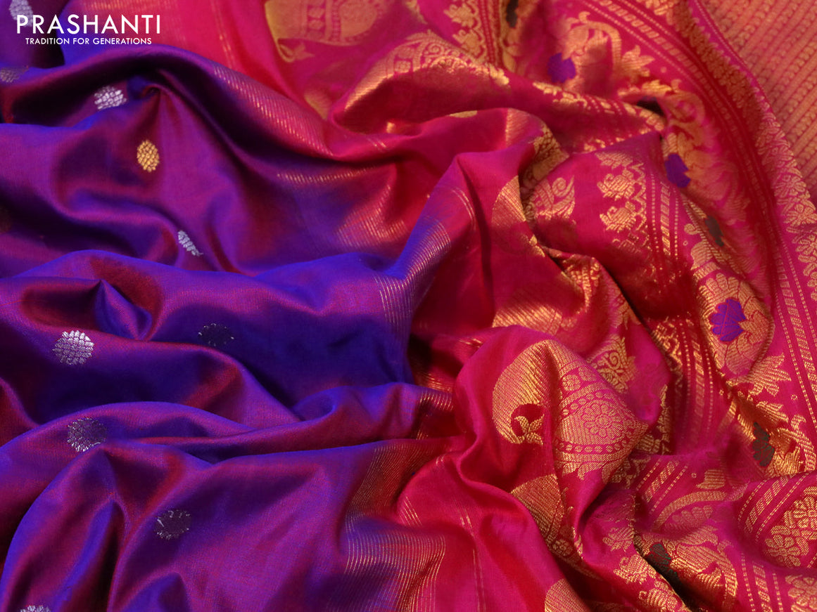 Gadwal silk saree dual shade of purple and pink with silver & copper zari woven buttas and long thread & zari woven border