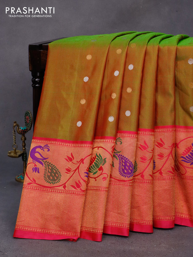 Gadwal silk saree manthulir green and pink with zari woven buttas and long thread & zari woven border