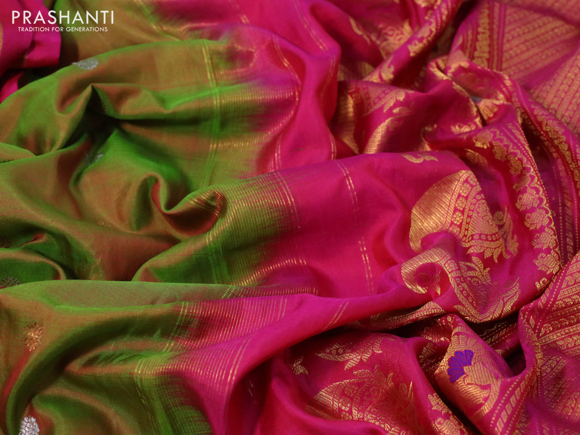 Gadwal silk saree manthulir green and pink with zari woven buttas and long thread & zari woven border