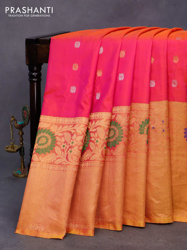 Gadwal silk saree reddish pink and mustard yellow shade with silver & gold zari woven buttas and long thread & zari woven border