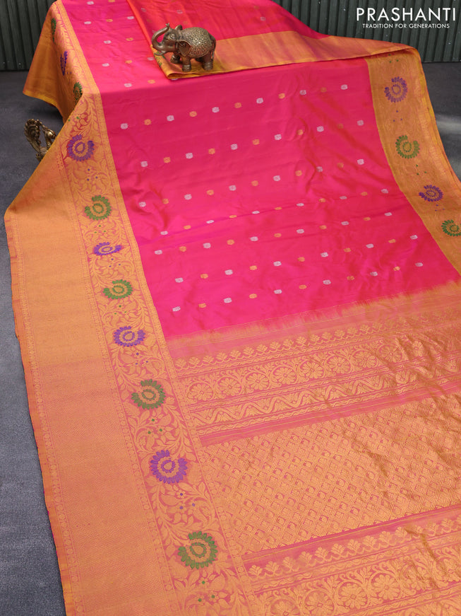 Gadwal silk saree reddish pink and mustard yellow shade with silver & gold zari woven buttas and long thread & zari woven border