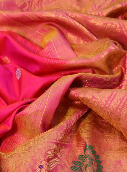 Gadwal silk saree reddish pink and mustard yellow shade with silver & gold zari woven buttas and long thread & zari woven border